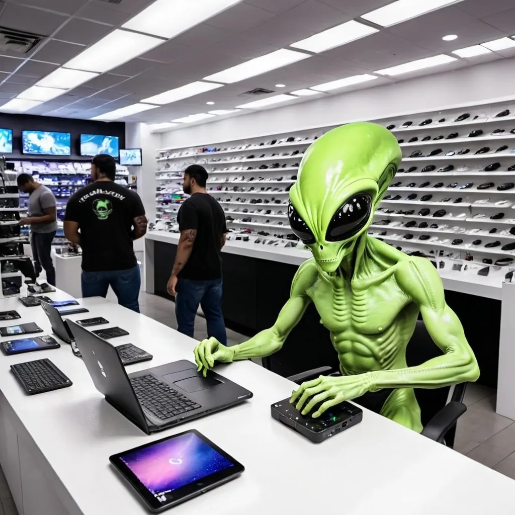 Prompt: alien selling electronics in miami store