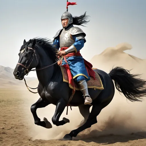 Prompt: Once upon time, Mongolian knight was riding the black stallion and chasing his enemies.