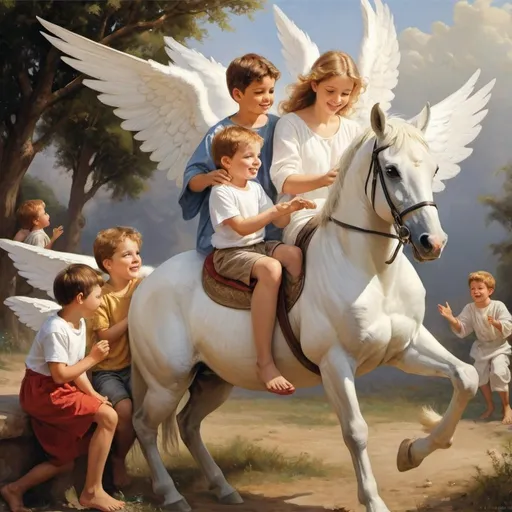 Prompt: Woman angel playing with the boys and God sees them happily. A boy is riding white horse, a boy is playing with the car, a boy is sitting on angel's lap also another angel looking at them