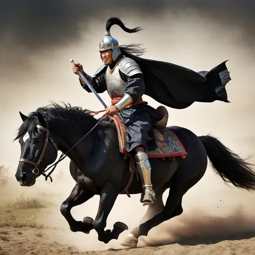 Prompt: Once upon time, Mongolian knight was riding the black stallion and chasing his enemies.