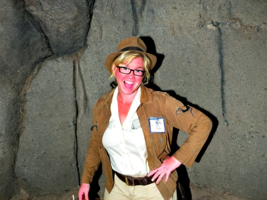 Prompt: A woman dressed as an archeologist, similar to Indiana Jones, with an air of authority.