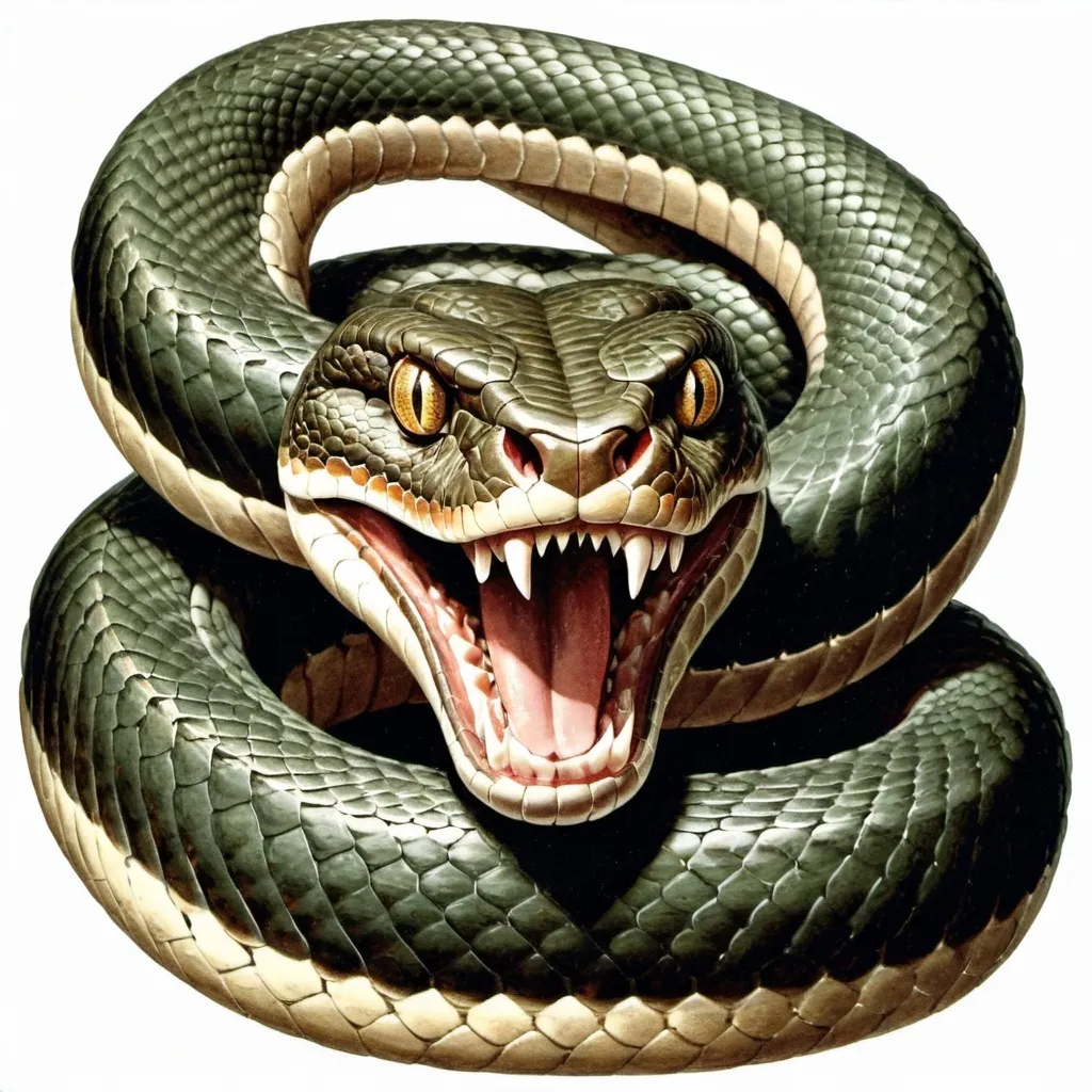 Prompt: Snake, Antique Illustration, large fangs, white background