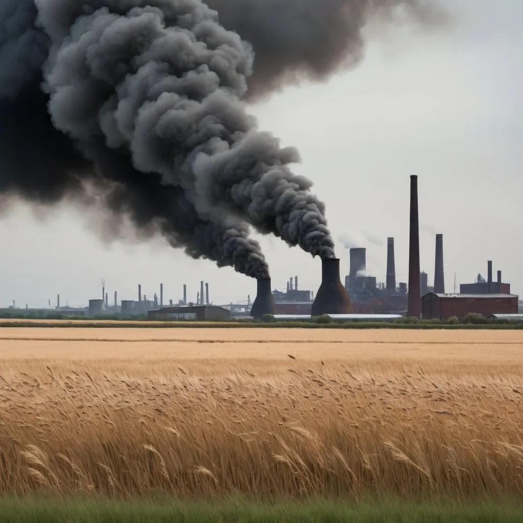 Prompt: A field of rye blowing in the wind, and a heavily industrial skyline, with dark smoke billowing from factory chimneys


