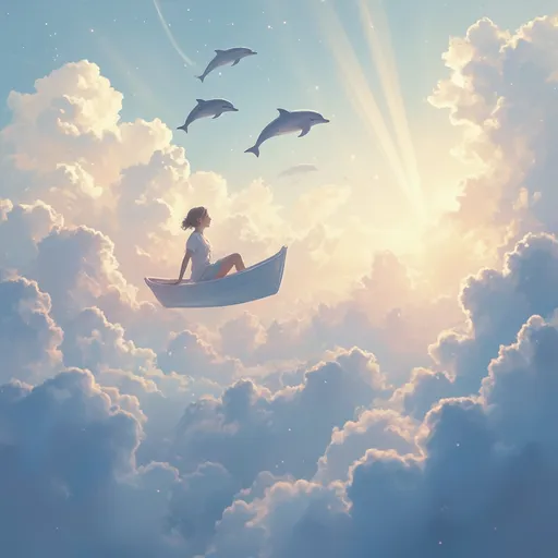 Prompt: Surreal concept of a boat floating in the sky, a girl with a joyful expression, surrounded by jumping dolphins, ethereal clouds in the background, dreamy universe vibes, soft pastel colors, warm and whimsical ambiance, magical scenery with rays of sunlight filtering through the clouds, ultra-detailed, HD quality, fantastical elements blending reality and fantasy.