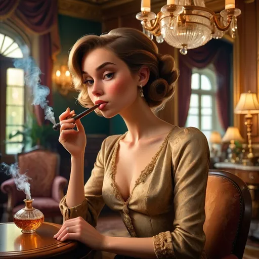 Prompt: (ultra-detailed) A young woman smoking a pipe, inside a luxurious manor, rich interior decor, opulent furnishings, warm golden light bathing the scene, vintage elegance, soft textures, classic patterns, regal ambiance, deep wooden accents, intricate chandeliers overhead, atmospheric shadows, highlighting her relaxed expression, graceful pose, cocktail glass nearby, emphasizing relaxation and sophistication.