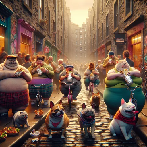Prompt: Fat people enjoying burritos, french bulldogs riding bycycles, cats wearing skirts, bustling dirty backstreet in Edinburgh, gritty urban atmosphere, cobblestone pavement, faded brick buildings covered in graffiti, warm yet low lighting casts shadows, sumptuous colors of burritos contrasted against dull surroundings, authentic street food vibe, captures joy and indulgence, 4K, ultra-detailed.