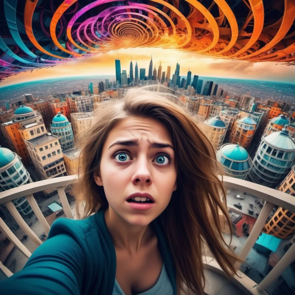 Prompt: Selfie of (a scared young woman), (anxiety and fear on her face), infinite spiraling city in the background, (surreal architecture), (vivid colors), (dynamic lighting), (high contrast), (cosmic spirals), (intense emotional atmosphere), (HD), (remarkable detail), (urban chaos).