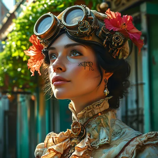 Prompt: Happy young woman, (steampunk aesthetic), vibrant New Orleans background, intricate mechanical designs, brass and copper accents, lush greenery, colorful Victorian architecture, cheerful expression, stylish steampunk attire, vintage goggles, bright sunlight casting warm shadows, festive atmosphere, with hints of jazz and culture, high detail, ultra-detailed, 4K resolution.