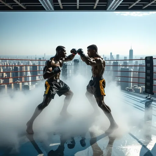 Prompt: (ultra-detailed) image of two muscular fighters, intense battle in a fighting ring, (dramatic urban skyline) on a towering skyscraper, (dynamic poses), intense expressions on their faces, bright arena lighting illuminating the fighters, (high-energy atmosphere), contrasting shadows adding depth, (vibrant color tones) heightening the tension of the scene, amazing view of the cityscape behind them, (4K quality) for striking visual impact.