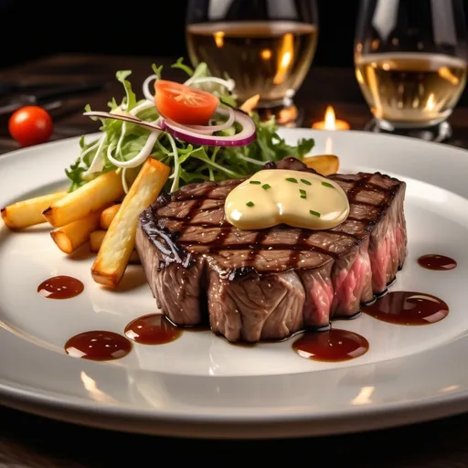 Prompt: (steak and fries with salad on a plate), (luxurious silk bed), inviting ambiance, warm lighting, high contrast, gourmet presentation, textures of silk contrasted with the rustic look of steak, crisp salad drizzled with dressing, soft shadows, elegantly arranged plate, gourmet dining experience, ultra-detailed, 4K quality, rich colors, cozy atmosphere.