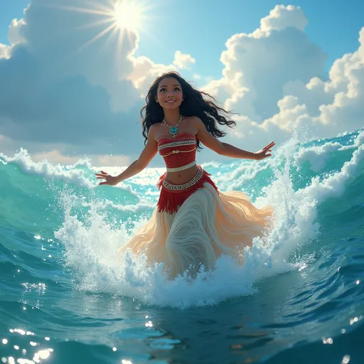 Prompt: Moana dressed in (ethereal clouds) gliding through shimmering water, (dreamy atmosphere), surrounded by a mesmerizing landscape of the ocean waves reflecting sunlight, capturing the essence of adventure and nature, (vibrant colors), ultra-detailed, high-quality, (serene and whimsical) mood, showcasing her connection with the elements in a mystical ambiance.