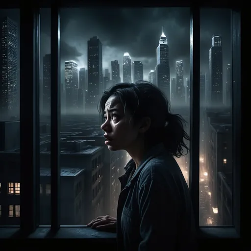 Prompt: A terrified woman peering through a window, gazing at a chaotic urban maze filled with towering skyscrapers and dark alleys, dimly lit by flickering streetlights, creating an intense atmosphere of fear and anxiety. Shadows loom in the background, adding to the suspense. The scene conveys a sense of confinement, high resolution, ultra-detailed, evocative lighting.