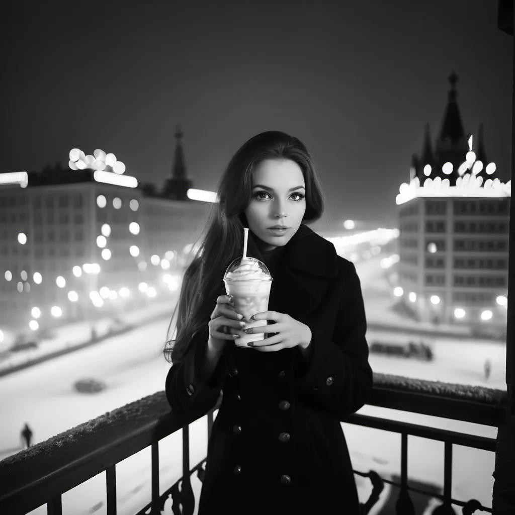 Prompt: Bw first person view of A brunette young elegant woman with long hair savoring a frappe in 60s  gritty  Moscow winter elegant balcony at night, lights in the sky