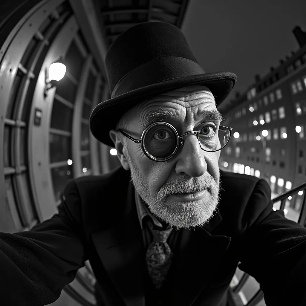 Prompt: Bw fisheye selfie of an old man wearing monocle, (steampunk style), 1930s New York balcony, (noir atmosphere), nighttime setting, dramatic shadows, intricate metalwork details, vintage attire, expressive face highlighting intrigue, black and white tones, moody lighting creating a sense of mystery, ultra-detailed background showcasing urban architecture, high-quality sharp focus, capturing the essence of a bygone era.