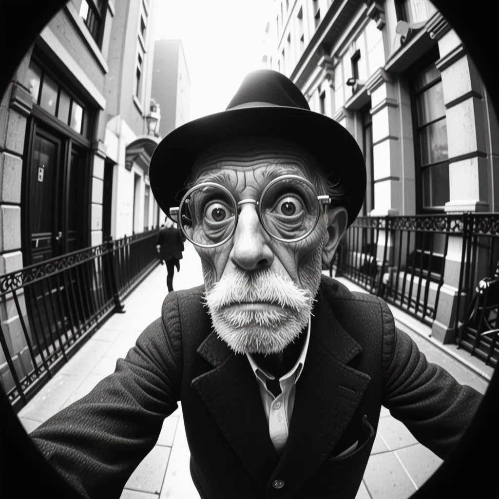 Prompt: Bw fisheye selfie of an old man wearing monocle, (steampunk style), 1930s New York balcony, (noir atmosphere), nighttime setting, dramatic shadows, intricate metalwork details, vintage attire, expressive face highlighting intrigue, black and white tones, moody lighting creating a sense of mystery, ultra-detailed background showcasing urban architecture, high-quality sharp focus, capturing the essence of a bygone era.