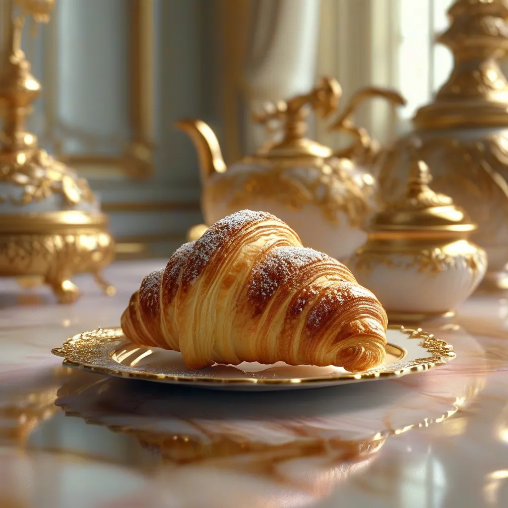 Prompt: (4K), photorealistic, a croissant (dipped in shimmering gold), next to an extravagant (luxurious gold bowl), opulent setting, rich textures, glossy surfaces, warm lighting that highlights the golden hues, inviting ambiance, delicious detail, artsy presentation, gourmet food styling, decadent and fine dining atmosphere.