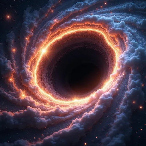 Prompt: A stunning black hole entering a swirling wormhole, mesmerizing cosmic colors blending into dark voids, radiating luminous energy and gravitational waves, surreal space backdrop filled with stars, ethereal and otherworldly atmosphere, breathtaking cosmic phenomena, ultra-detailed, visually captivating, high-quality rendering, vibrant and dramatic lighting, invoking a sense of awe and mystery in the depth of the universe.