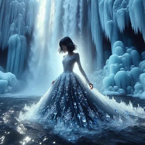 Prompt: (full body view) young woman, (long black hair), adorned in shining crystals, surrounded by an icy waterfall, water cascading around her, glistening droplets, (ethereal atmosphere), cool tones, shimmering lighting, serene expression, intricate crystal patterns, ultra-detailed, lucid blue backdrop, mystical vibes, (high quality) 4K, enchanting scene, captivating elements of nature.