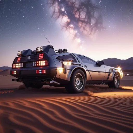 Prompt: (double-decker DeLorean), americana desert landscape, (night scene) with starry sky, vibrant colors of the car contrasting against dusky desert tones, dramatic shadows, captivating ambiance of mystery and exploration, soft desert winds, 4K resolution, ultra-detailed capture of the vehicle's design, glowing headlights illuminating the sand, serene yet adventurous mood.