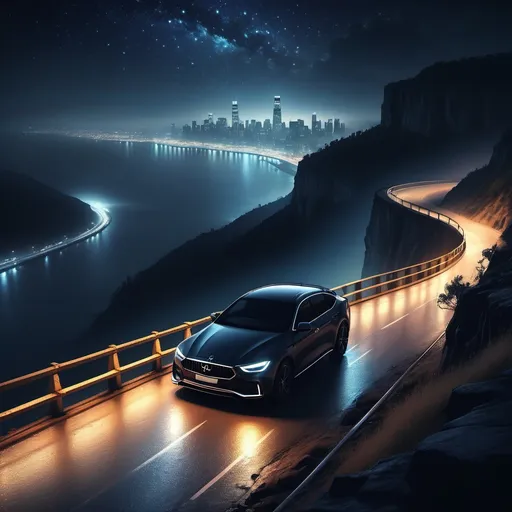 Prompt: (car at night on the edge of a cliff), (infinite city skyline), illuminated lights, dramatic shadows, starry sky, cool tones, foggy atmosphere, exquisite detail, high contrast, cinematic composition, tranquil yet awe-inspiring ambiance, reflectivity of car surface, ultra-detailed, breathtaking perspective, dreamlike feel, adventurous spirit, 4K.