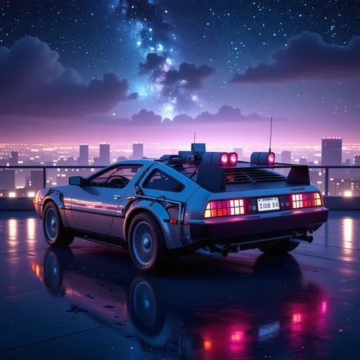 Prompt: (neon-lit DeLorean), futuristic vehicle, rooftop setting, dark starry sky, vibrant neon colors illuminating the scene, sleek and shiny design of the car, vivid reflections on the rooftop, cinematic atmosphere, high contrast lighting, urban skyline in the background, ultra-detailed, immersive night ambiance, cool and dramatic feel, suggests the excitement of time travel.