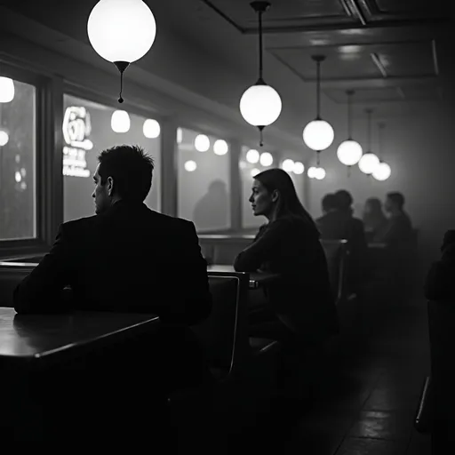 Prompt: A bw view of contemplating peole in a diner restaurant in a dark noir gritty city neon lights