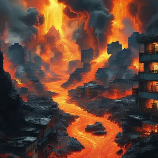 Prompt: (Kowloon City), engulfed by flowing lava, fiery landscape, molten depths, dramatic contrast between vibrant reds and cool shadows, apocalyptic atmosphere, swirling smoke clouds, glistening lava rock, intricate urban details of the city, ultra-detailed, 4K, dynamic scene showcasing chaos and destruction, inviting curiosity and awe.