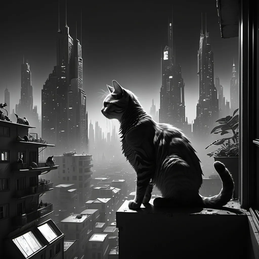 Prompt: Bw First persin view of a Cat in balcony overlooging a  cyberpunk city