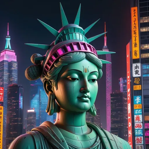 Prompt: (Awe-inspiring huge statue of liberty Buddha), front view, towering over futuristic skyscrapers, vibrant neon lights illuminating a gritty Tokyo landscape at night, (atmospheric) with zeppelins floating in the sky, cinematic depth with dramatic shadows, intricate details, neon color palette, (highly detailed and vivid), (cyberpunk aesthetic), ultra-detailed, mysterious ambiance, 4K.