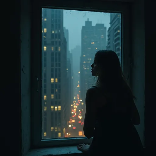 Prompt: A terrified woman peering through a window, gazing at a chaotic urban maze filled with towering skyscrapers and dark alleys, dimly lit by flickering streetlights, creating an intense atmosphere of fear and anxiety. Shadows loom in the background, adding to the suspense. The scene conveys a sense of confinement, high resolution, ultra-detailed, evocative lighting.