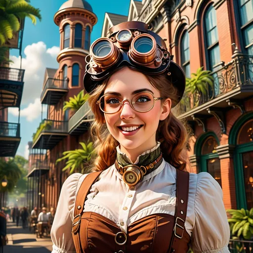 Prompt: Happy young woman, (steampunk aesthetic), vibrant New Orleans background, intricate mechanical designs, brass and copper accents, lush greenery, colorful Victorian architecture, cheerful expression, stylish steampunk attire, vintage goggles, bright sunlight casting warm shadows, festive atmosphere, with hints of jazz and culture, high detail, ultra-detailed, 4K resolution.