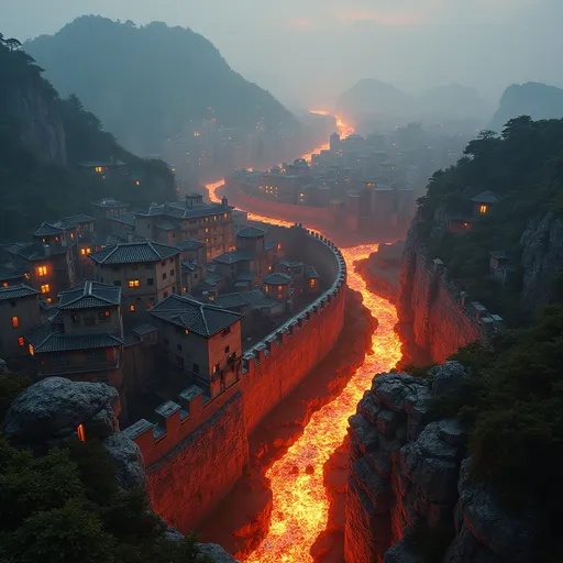 Prompt: Kowloon walled city surrounded by lava