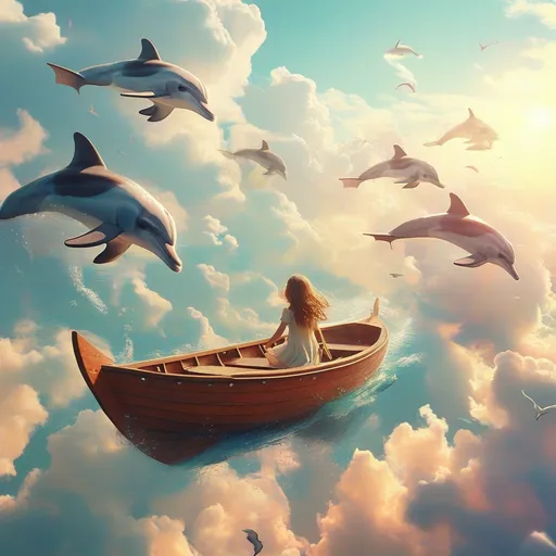 Prompt: Surreal concept of a boat floating in the sky, a girl with a joyful expression, surrounded by jumping dolphins, ethereal clouds in the background, dreamy universe vibes, soft pastel colors, warm and whimsical ambiance, magical scenery with rays of sunlight filtering through the clouds, ultra-detailed, HD quality, fantastical elements blending reality and fantasy.