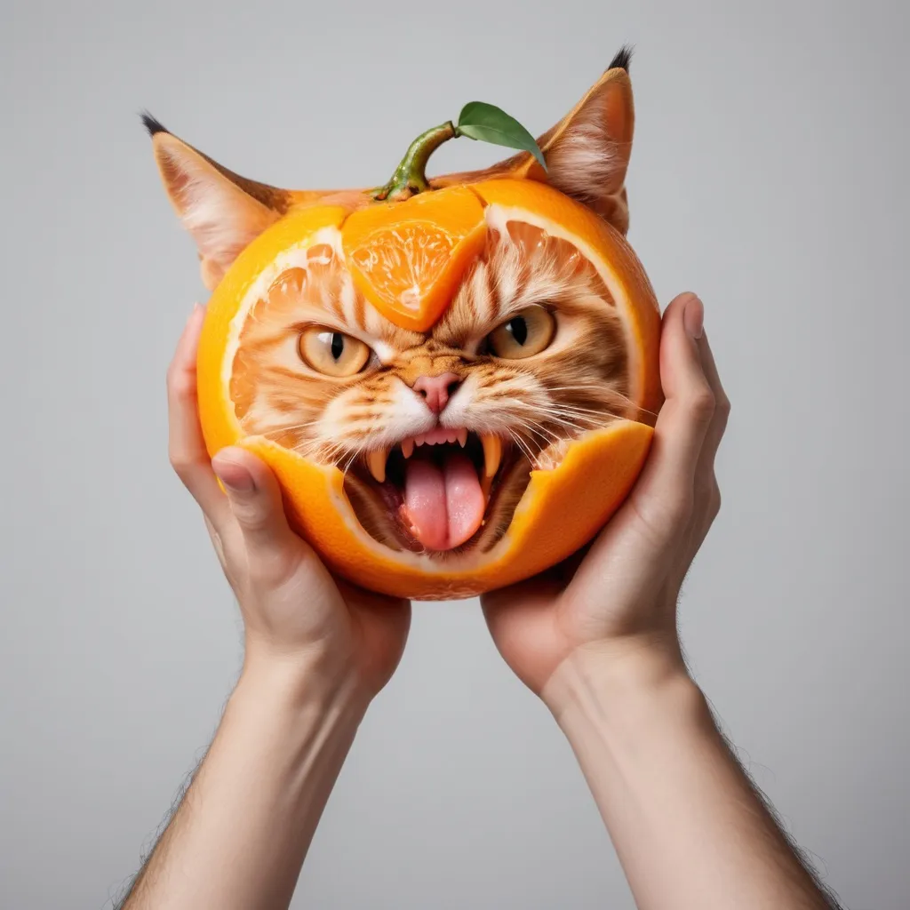 Prompt: Human hands holding the head of an angry cat made of an Orange fruit with its tongue out, no background