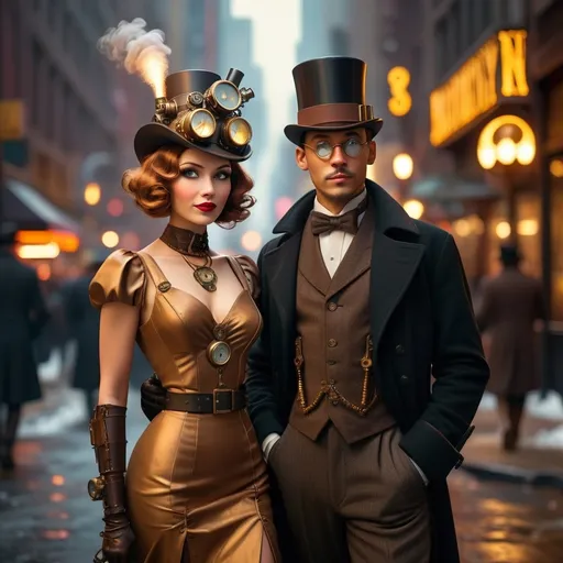 Prompt: New Year's Eve celebration (in a 30s steampunk dark noir) New York City, vintage style, enchanting atmosphere, warm golden hues contrasted against deep shadows, bustling streets filled with elegantly dressed figures and illuminated storefronts, hints of mechanical inventions and art deco elements, smoky air drifting through the night, high detail, cinematic quality, 4K resolution.