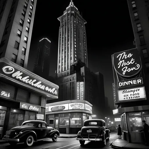 Prompt: (black and white) fish eye view, high-rise skyscraper with a vintage fast food diner on top, dark noir atmosphere reflecting 1930s New York, deep shadows and dramatic lighting, intricate architectural details, moody ambiance, bustling cityscape below, vintage neon signs flickering, ultra-detailed, cinematic composition, evocative of classic noir films.