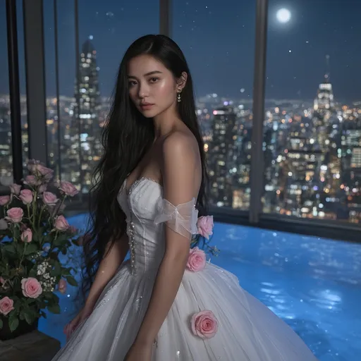 Prompt: Beautiful young woman with long, dark hair, elegant white dress adorned with pink roses, massive skyscraper penthouse ambiance, twinkling cityscape view, sophisticated design, illuminated pool reflecting moonlight, luxurious, serene night atmosphere, high-quality, ultra-detailed imagery, dramatic lighting, surrounding modern decor, dreamy and enchanting vibes, atmospheric night setting, cinematic scene.