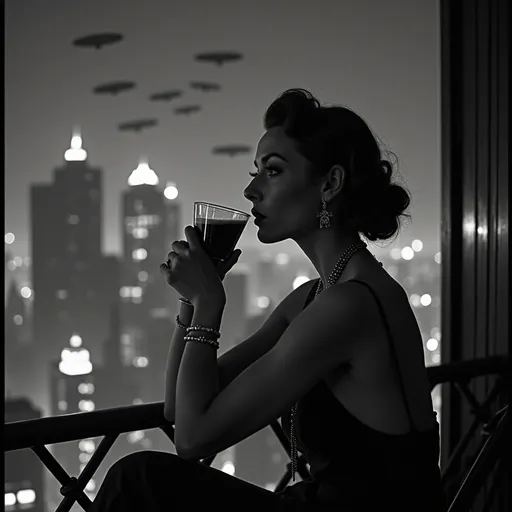 Prompt: Bw A brunette woman savoring a frappe in 30s retro cyberpunk gritty New york balcony ar night, overlooking tall skyscrapers, zeppelins in the sky