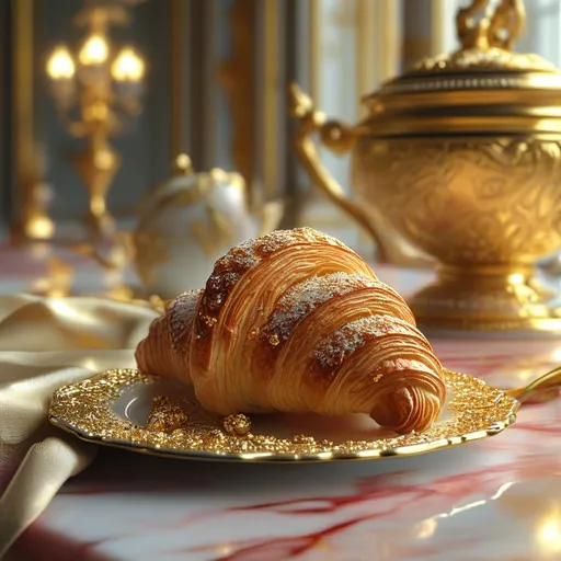 Prompt: (4K), photorealistic, a croissant (dipped in shimmering gold), next to an extravagant (luxurious gold bowl), opulent setting, rich textures, glossy surfaces, warm lighting that highlights the golden hues, inviting ambiance, delicious detail, artsy presentation, gourmet food styling, decadent and fine dining atmosphere.