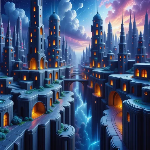 Prompt: (city of a brain), amazing intricacies, surreal architecture, (neural pathways) interconnecting structures, vibrant colors, dreamlike ambiance, soft glowing lights highlighting details, 4K resolution, imaginative skyline, complex patterns reflecting thought processes, futuristic cityscape, inspired by neurological designs, exploring the depths of creativity and intellect, whimsical atmosphere, captivating wonderland of ideas.