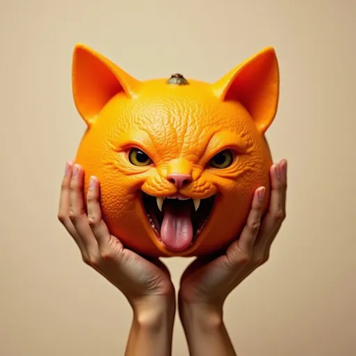 Prompt: Human hands holding the head of an angry cat made of an Orange fruit with its tongue out, no background