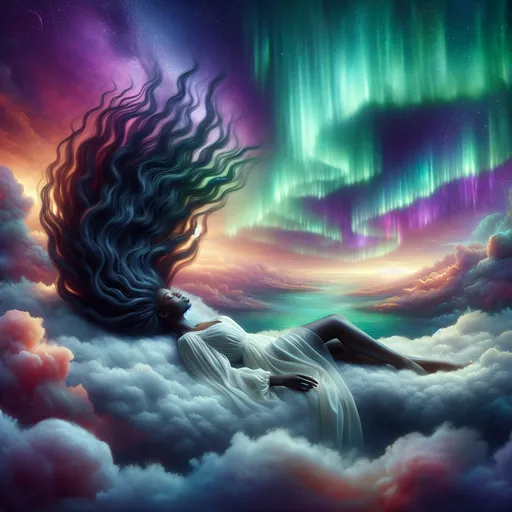 Prompt: Young woman lying on a cloud, (very long hair flowing in the wind), mesmerizing aurora borealis sky, ethereal and mystical ambiance, soft and dreamy colors, floating among fluffy clouds, illuminated by vibrant greens and purples, gentle breeze creating a serene atmosphere, tranquil and enchanting scene, HD quality, ultra-detailed, cinematic masterpiece.