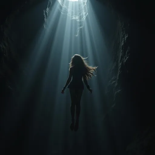 Prompt: Hart hair Monica falling from the sky, surrounded by vast, deep black abyss, ethereal glow illuminating her silhouette, dramatic lighting casting sharp contrasts, mystic ambiance enveloping the scene, creating a sense of wonder and mystery, beautifully detailed textures capturing the moment of freefall, highly vivid, ultra-detailed, 4K resolution to enhance the captivating visual effect.