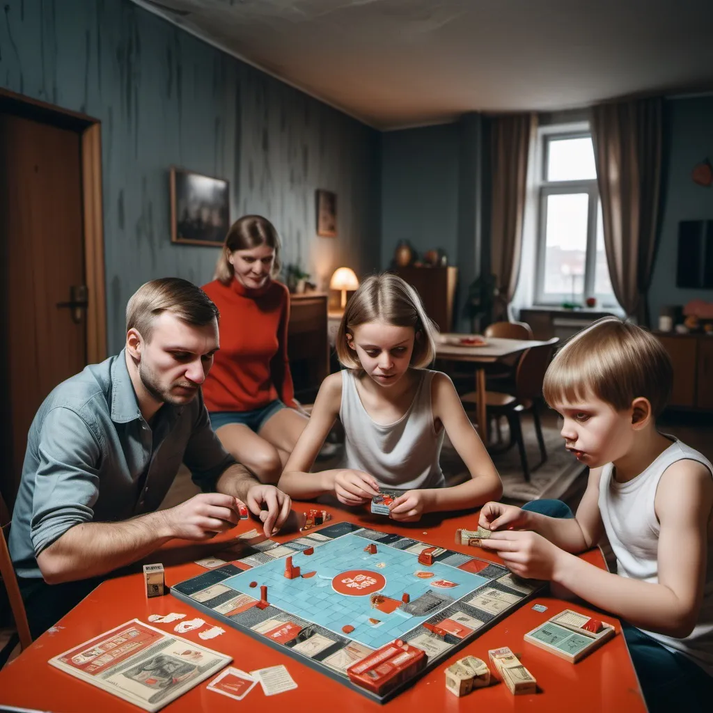 Prompt: Family playing soviet board game  and eating food in brutalist communist city living room