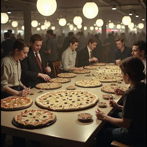 Prompt: Analog sepia A table full of pizza in an 30s mall with young people having fun