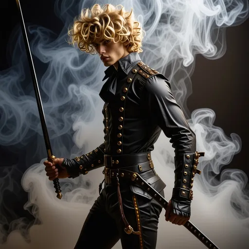 Prompt: (tall, lean, muscular Belgian fencer), (curly blonde hair), (steampunk attire), armed with a rapier, striking a dynamic pose, thoughtful expression, intricate gear details in the attire, dramatic lighting highlighting the metallic textures, gothic elements in the background, atmospheric smoke, moody ambiance, high detail, ultra-detailed, cinematic quality.