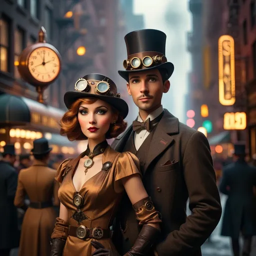 Prompt: New Year's Eve celebration (in a 30s steampunk dark noir) New York City, vintage style, enchanting atmosphere, warm golden hues contrasted against deep shadows, bustling streets filled with elegantly dressed figures and illuminated storefronts, hints of mechanical inventions and art deco elements, smoky air drifting through the night, high detail, cinematic quality, 4K resolution.