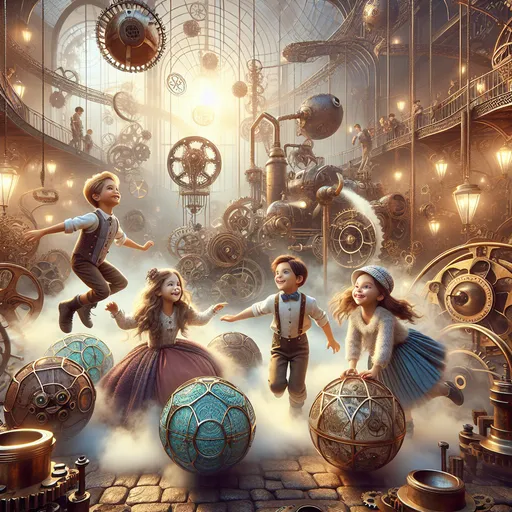 Prompt: (Kids playing with steam balls), whimsical atmosphere, (steampunk city) backdrop, intricate gears and machinery, swirling smoke, soft dawn light bathing the scene, warm color tones, cheerful expressions on kids' faces, detailed attire reflecting steampunk fashion, (4K), ultra-detailed, whimsical energy and playful ambiance.
