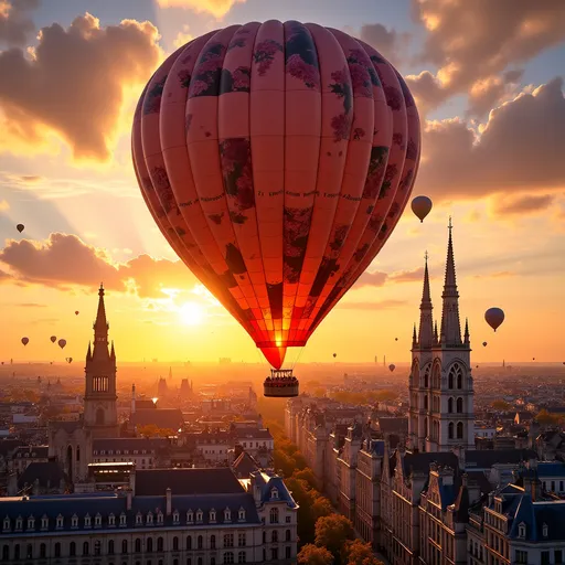 Prompt: (photorealistic) a beautifully decorated balloon soaring gracefully over Brussels, warm tones of sunset reflecting on the historic architecture, intricate designs on the balloon, capturing the essence of dusk, gentle clouds illuminated in golden hues, simmering sky blending shades of orange and purple, serene and magical atmosphere, ultra-detailed, high definition.