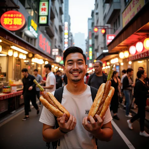 Prompt: (A joyful man holding a hotdog in each hand), bustling Kowloon backdrop, vibrant colors, abundant street life and neon lights, warm lighting casting playful shadows, ultra-detailed realism, capturing an atmosphere of excitement and culinary delight, energetic ambiance, lively street scenes with distinct cultural elements, 4K quality.